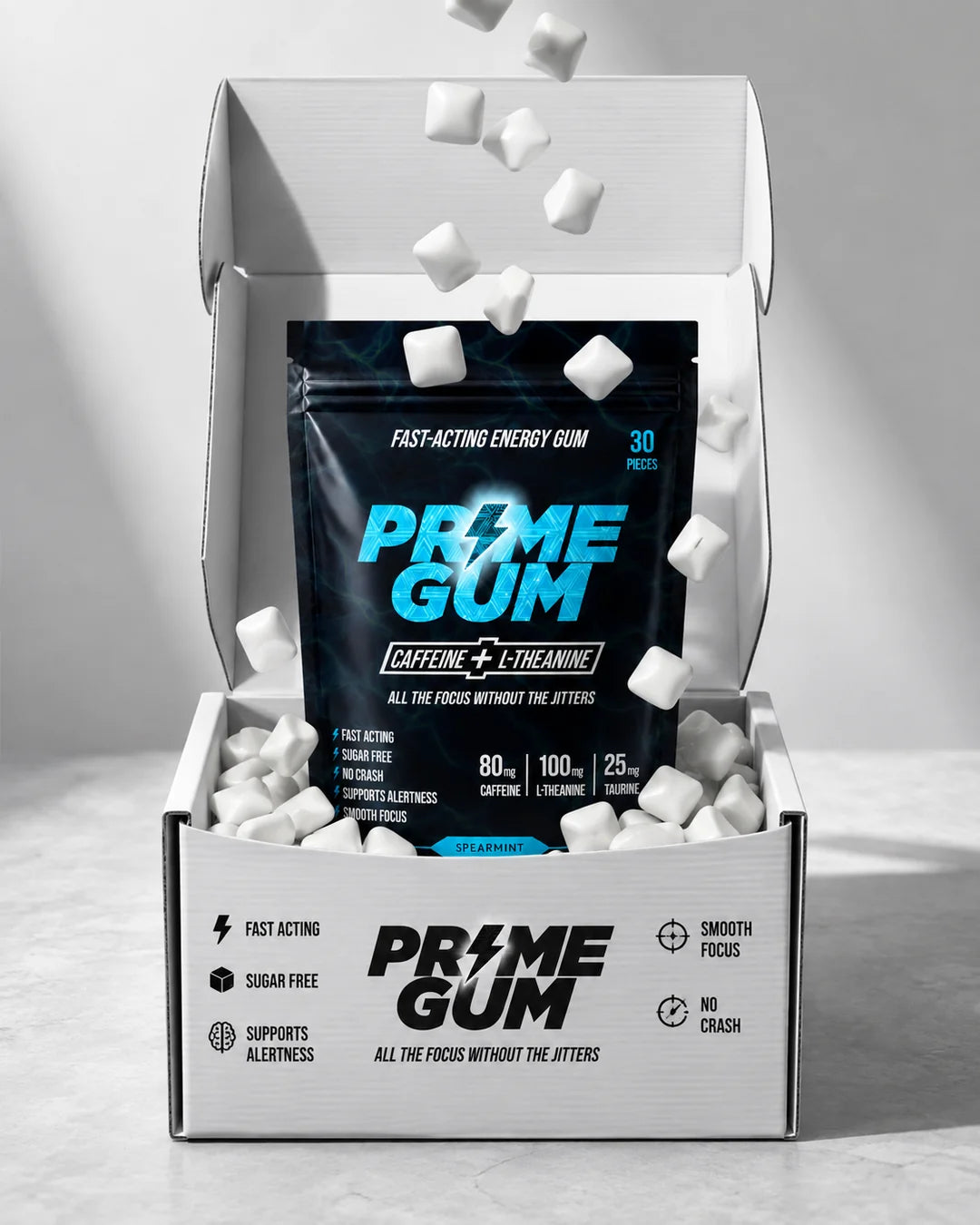 Prime Gum in an open box with gum pieces