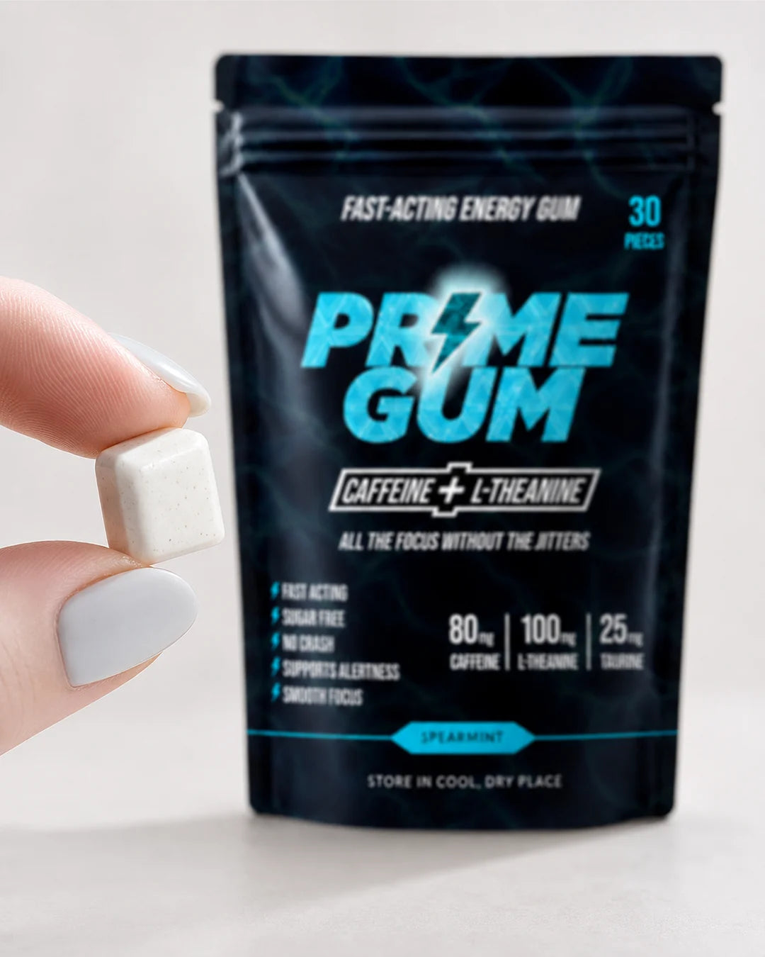 Hand holding a Prime Gum pack and a piece